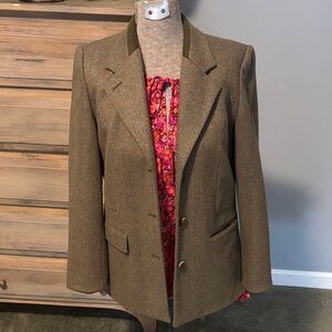 Orvis Brown and Green Plaid Tweed Suede trim 100% lambswool Blazer